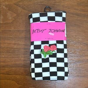 Betsey Johnson Black and White Checkered Tights with Rose Embroidery